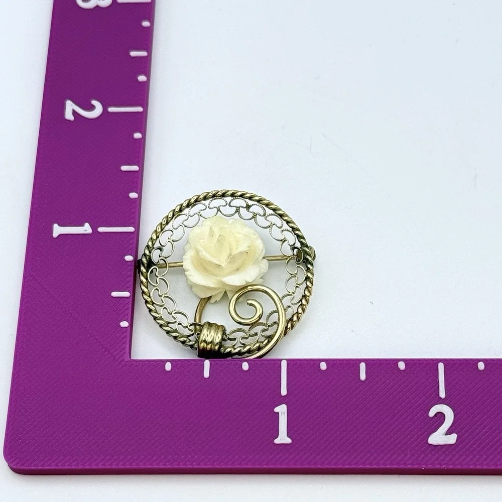 12K Gold Filled Brooch Pin Carved Cream Rose Flower Filigree Circle 1/20 12KT GF